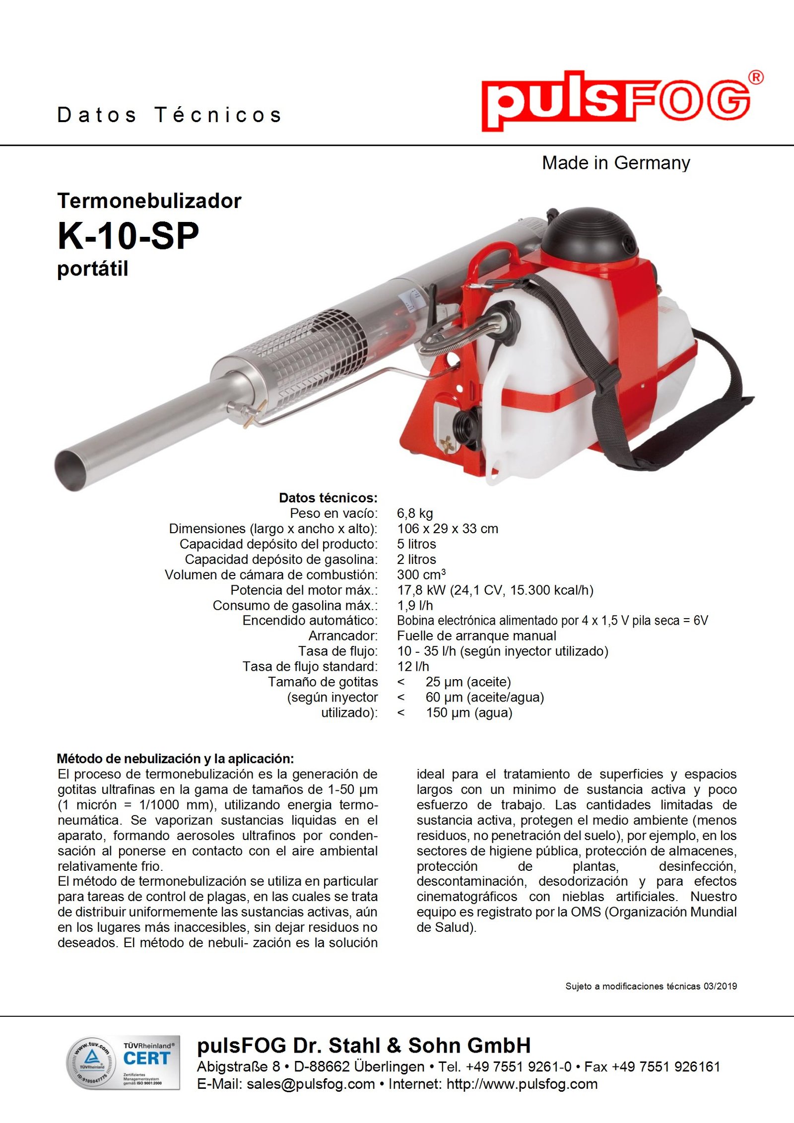 K-10-SP Datos Técnicos